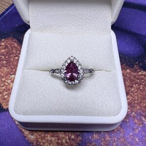 Pear-Shaped Purple Amethyst Halo Ring in Sterling Silver
